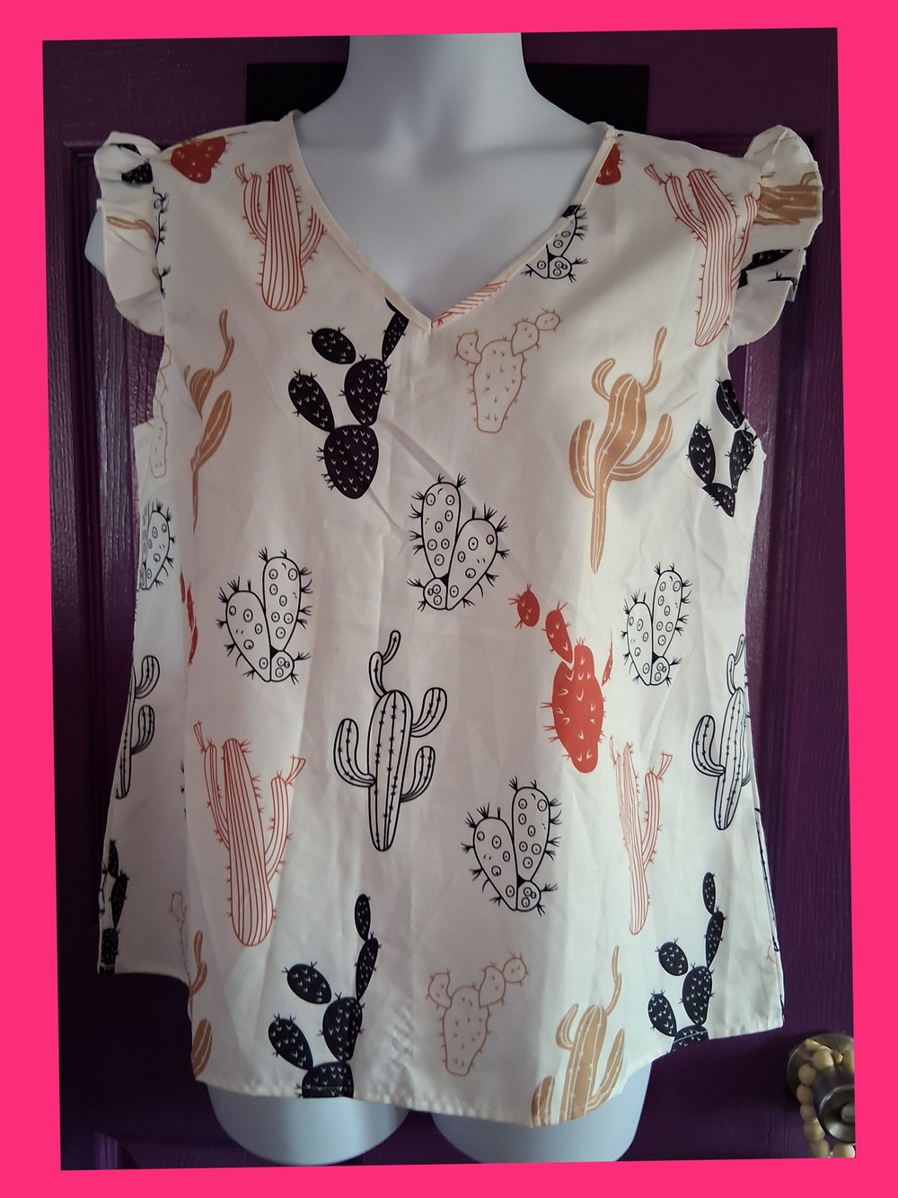 Cactus Print V-Neck Ruffle Sleeve Top - Cream Base